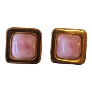 Castlecliff Square Rose Quartz Goldtone Vintage Clip Earrings
